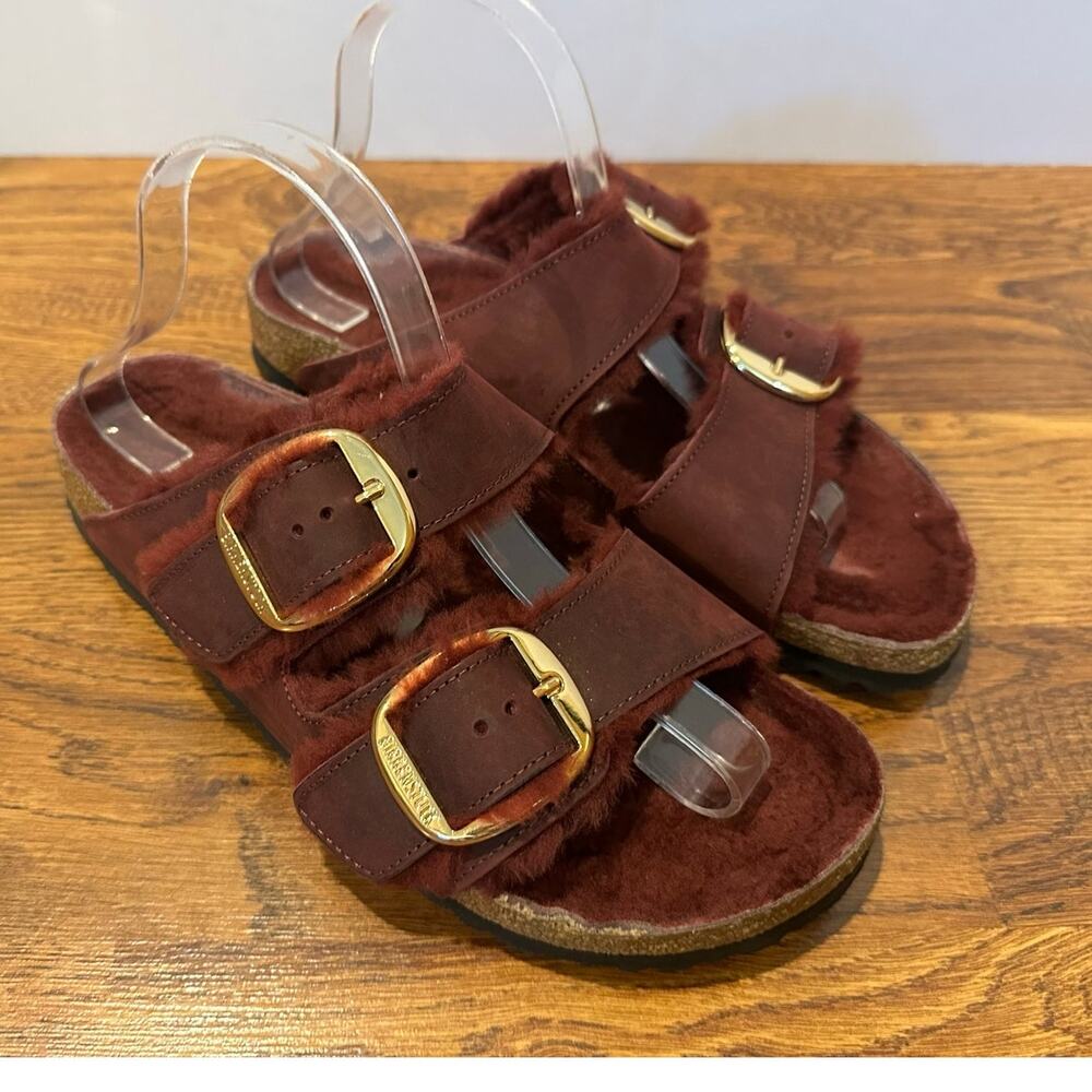 Birkenstock Arizona Big Buckle Shearling Sandals Burgundy Size 40 Narrow Luxe